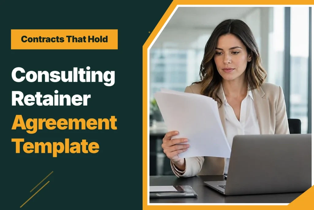 Consulting retainer agreement template, with a consultant reviewing a printed contract at her desk
