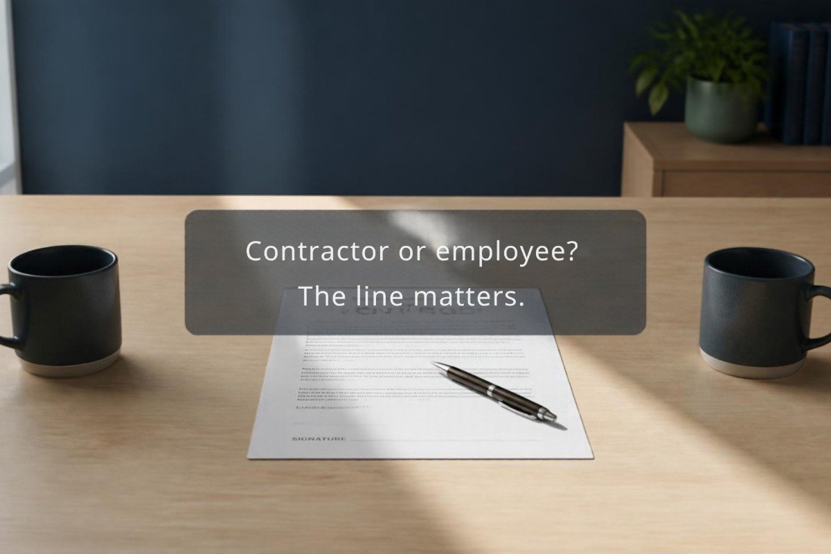 Contractor or employee: a contract on a desk between two mugs