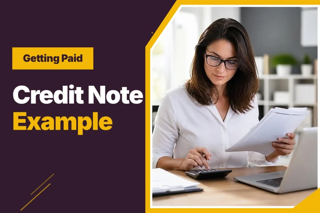 Credit note example, with a bookkeeper checking a printed invoice against a calculator