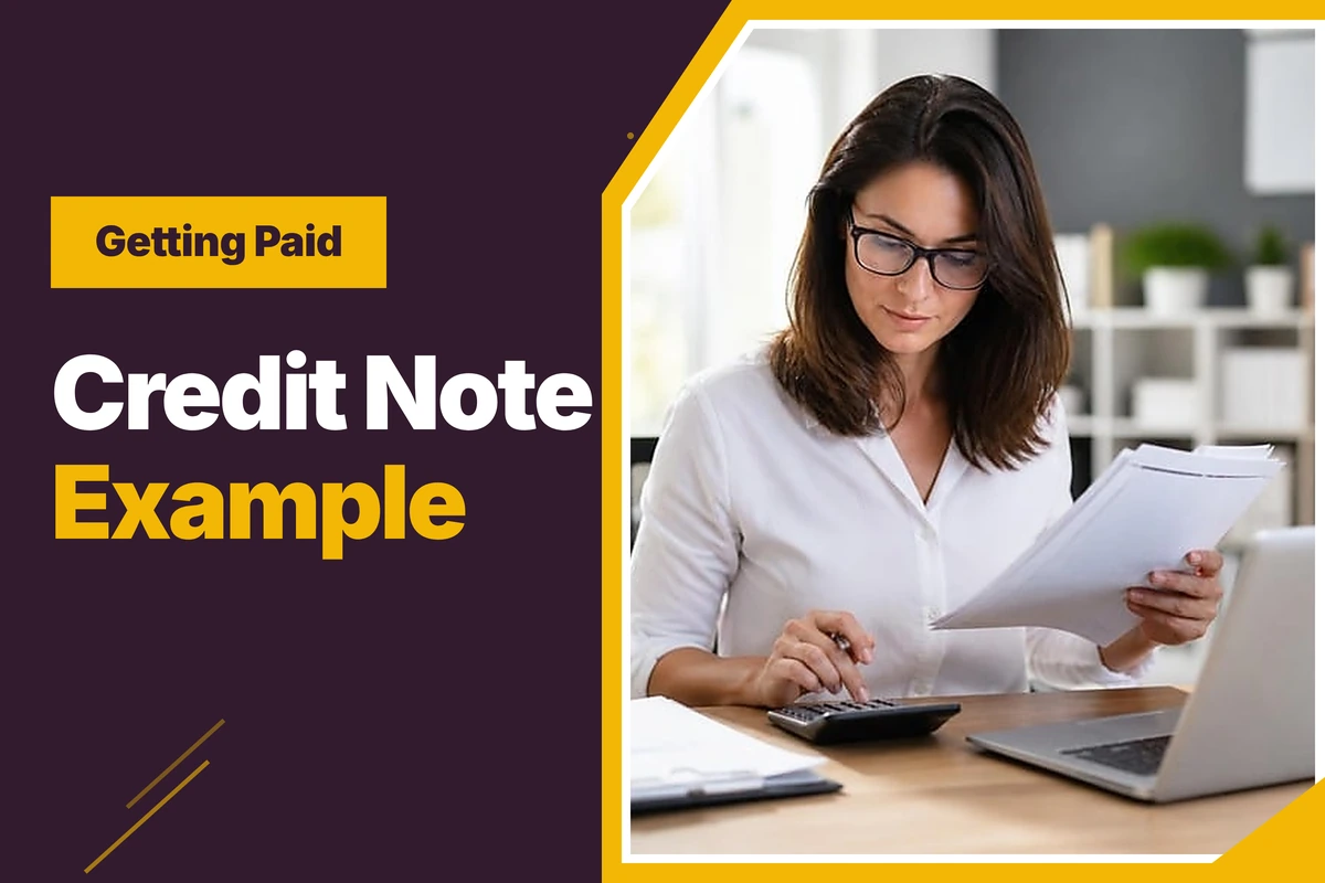 Credit note example, with a bookkeeper checking a printed invoice against a calculator