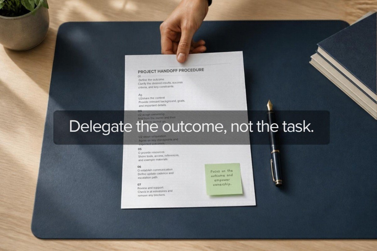 A written handoff procedure being slid across a desk when you delegate tasks