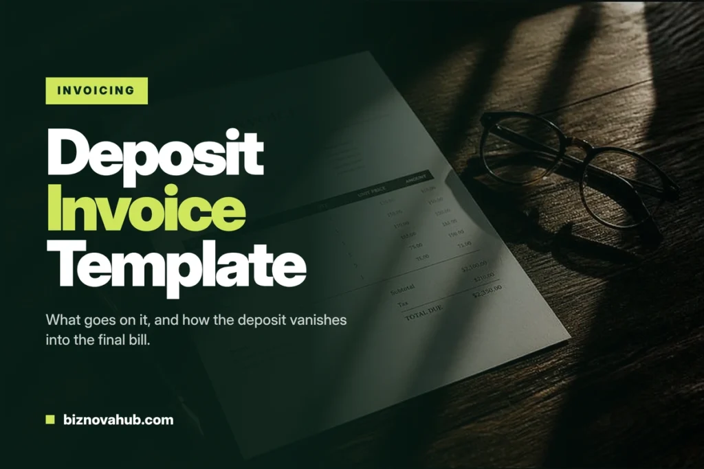 Deposit invoice template: a printed invoice on a dark wooden desk beside glasses and a fountain pen