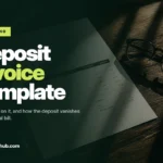 Deposit invoice template: a printed invoice on a dark wooden desk beside glasses and a fountain pen