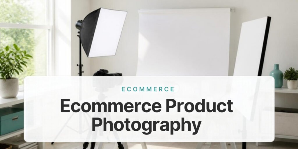 Ecommerce product photography setup with a camera on a tripod, a white sweep backdrop and a softbox light