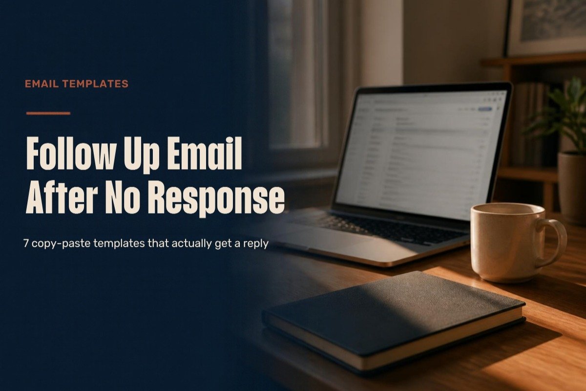 Follow up email after no response guide cover showing a laptop with an email inbox on a sunlit desk