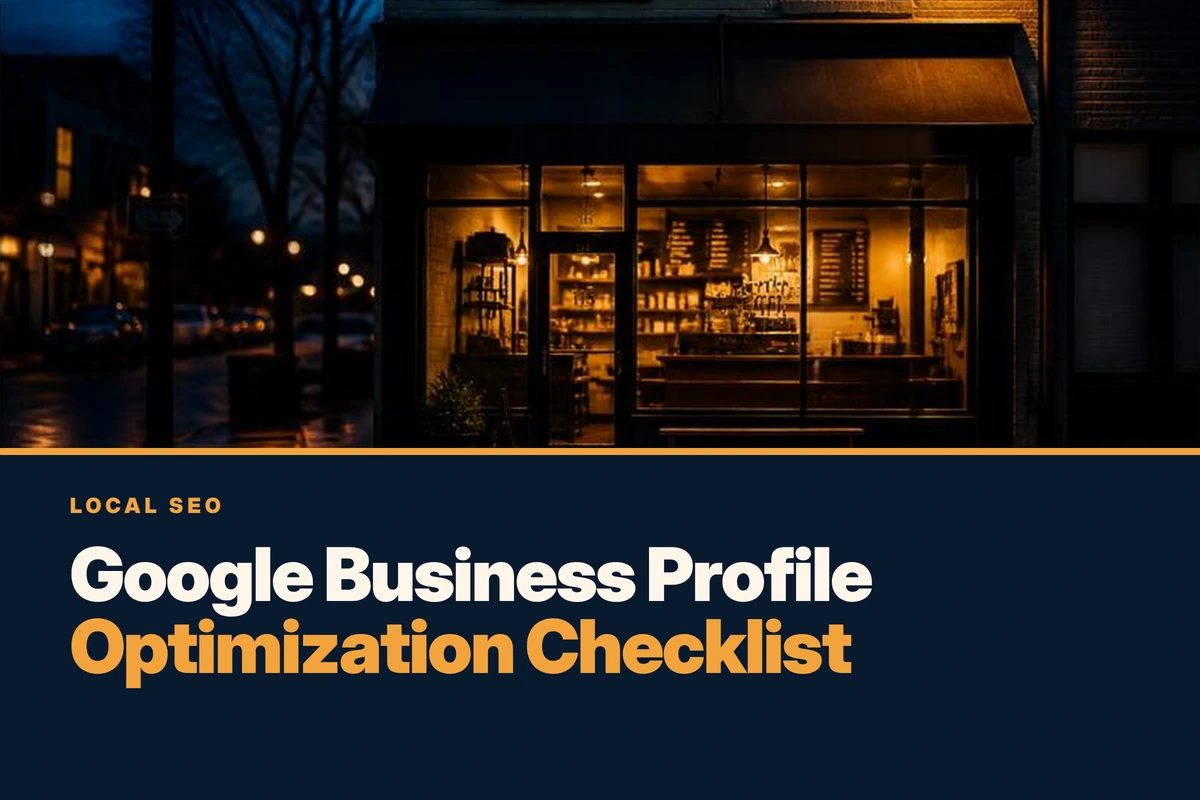 Google business profile optimization checklist cover showing a small coffee shop storefront lit up at dusk on a wet street.