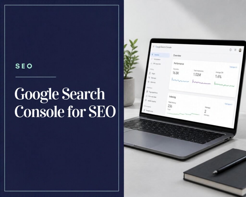 Google Search Console for SEO shown on a laptop with the performance report open