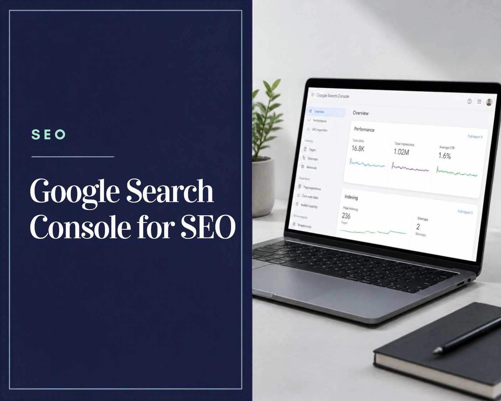 Google Search Console for SEO shown on a laptop with the performance report open