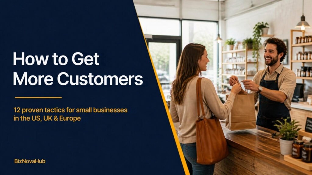 Small business owner serving a customer, illustrating how to get more customers