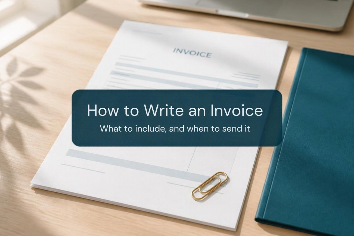 A completed invoice on a desk showing the required fields for how to write an invoice