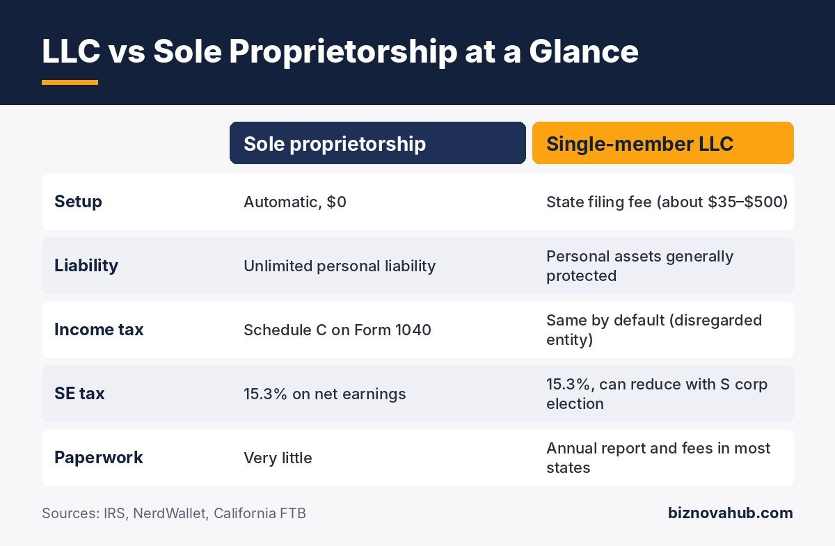 Comparison chart of LLC vs sole proprietorship: setup, liability, income tax, self-employment tax and paperwork