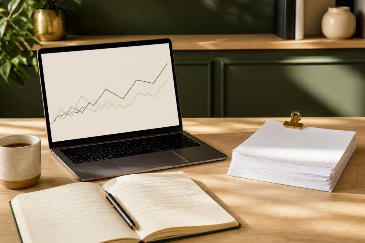 A laptop showing a cash flow chart beside a stack of unpaid invoices