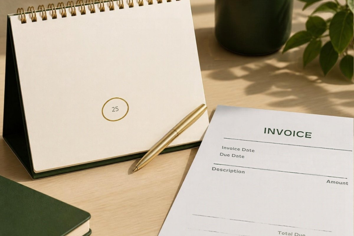 A desk calendar with a payment due date circled beside an invoice