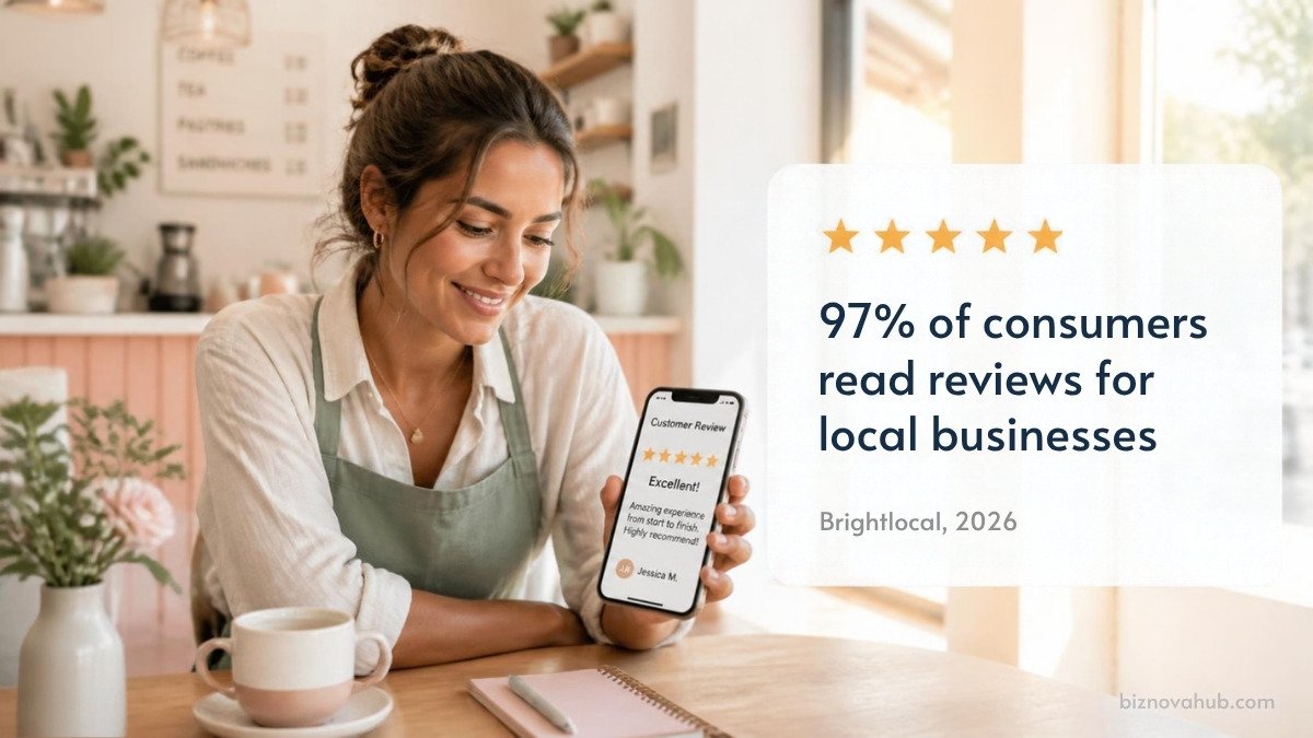 Business owner reading a five-star online review on a phone