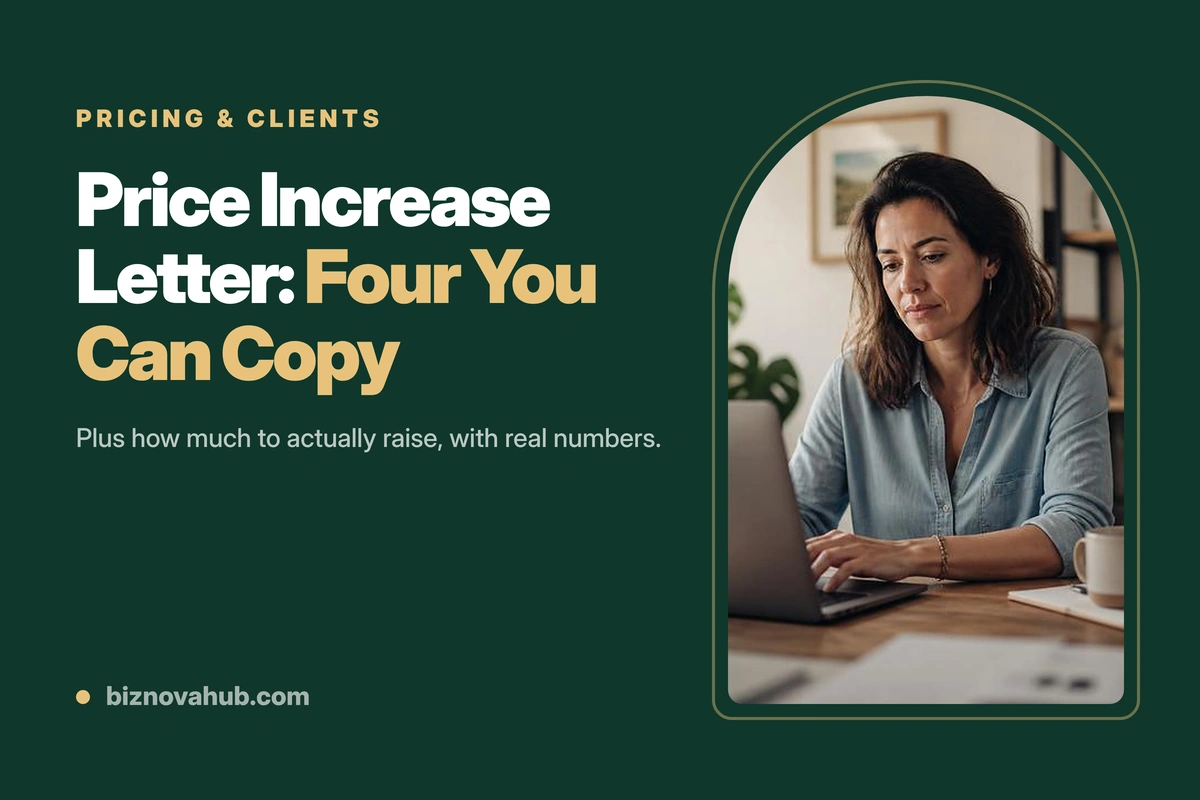 Small business owner writing a price increase letter to a client on a laptop