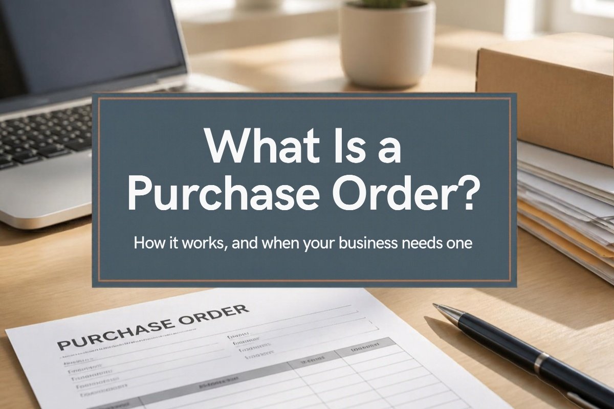 What is a purchase order — an order form on a desk beside a laptop