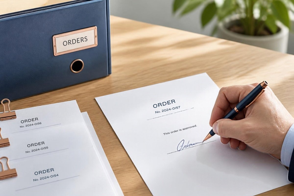 A numbered purchase order being signed beside a folder of filed orders