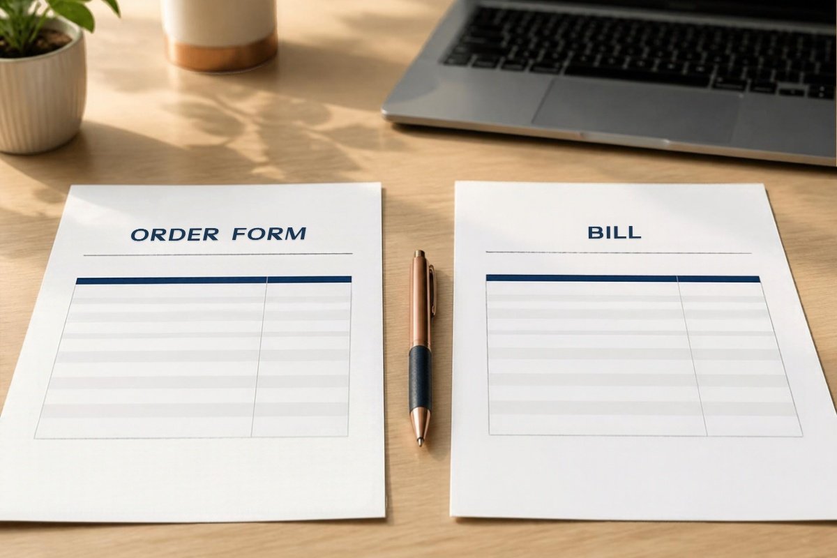 A purchase order and an invoice side by side on a desk