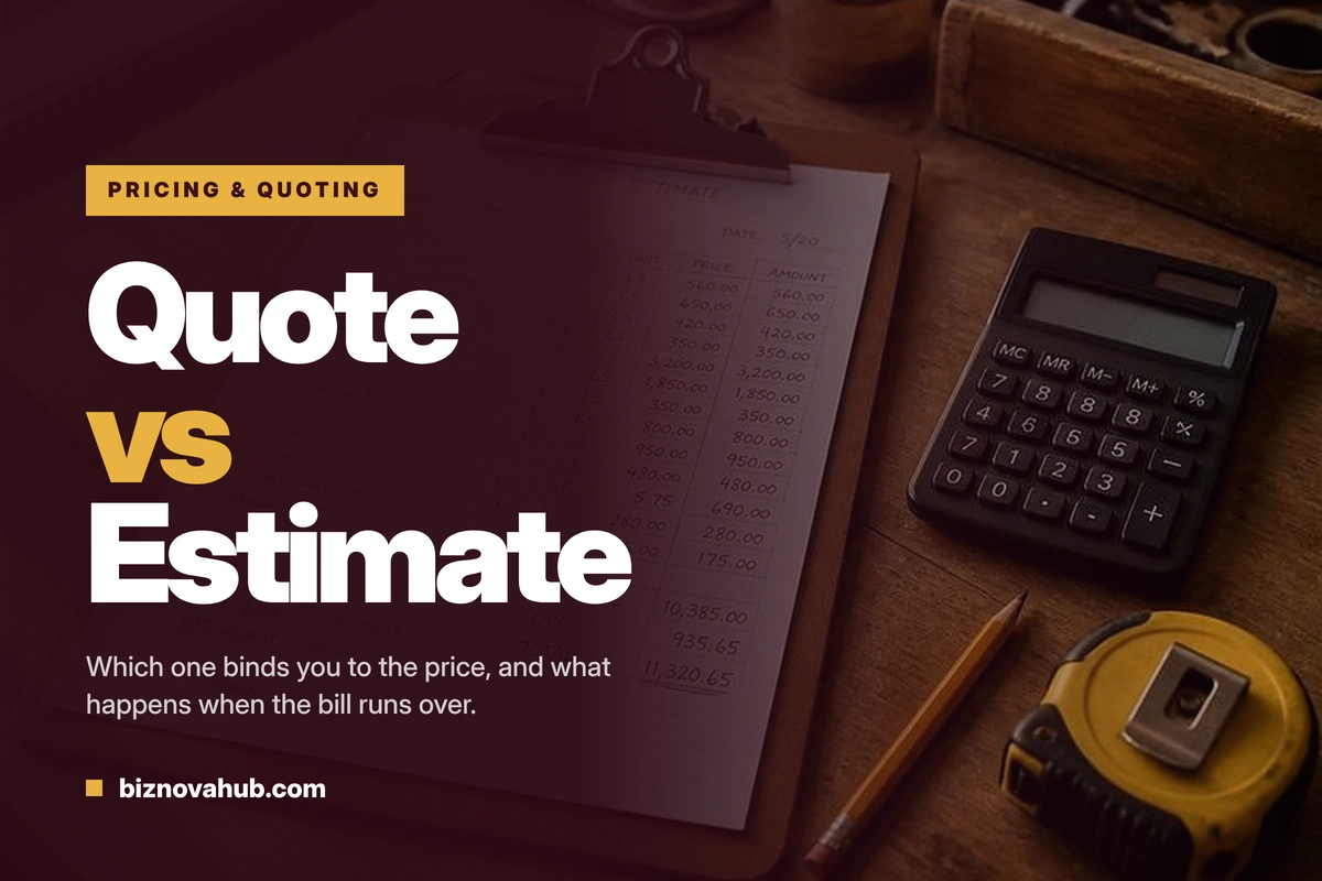 Quote vs estimate: a handwritten job price estimate on a clipboard beside a calculator and tape measure