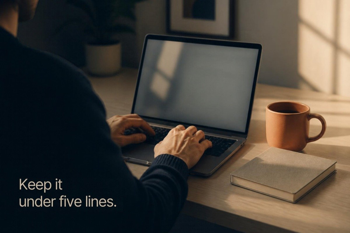Person typing a short follow-up email on a laptop at a desk with a mug and notebook