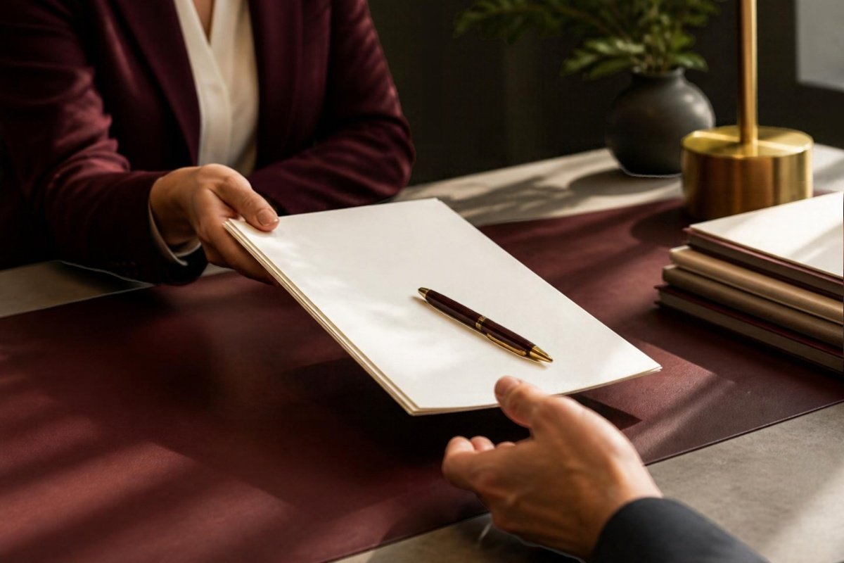 Two people agreeing and signing a statement of work across a desk