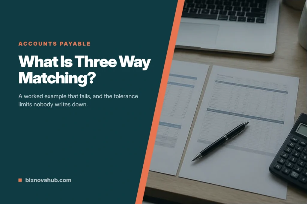 What is three way matching in accounts payable: a purchase order, goods received note and supplier invoice compared side by side on a desk