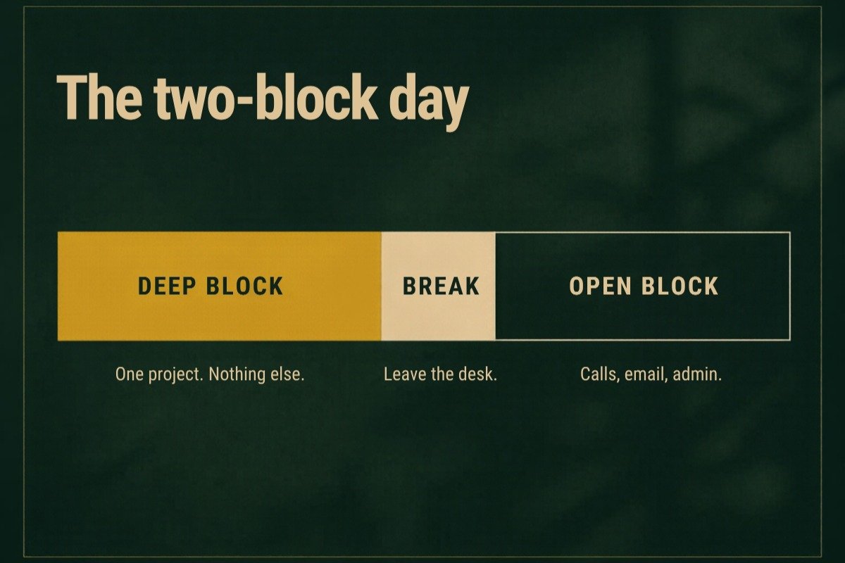 Time blocking template diagram showing a deep block, a break and an open block across one working day