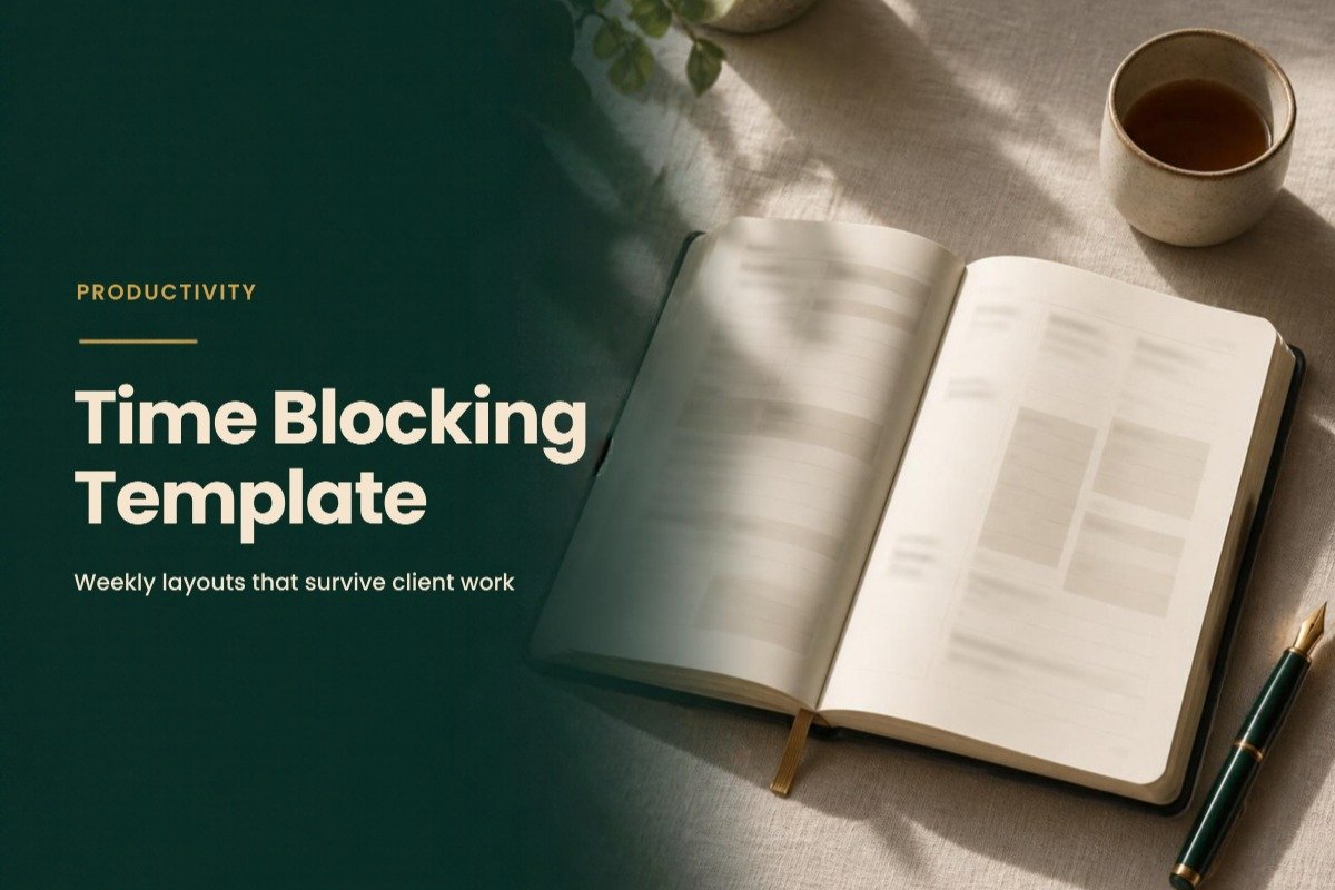 Time blocking template article cover showing an open paper weekly planner and pen on a linen desk