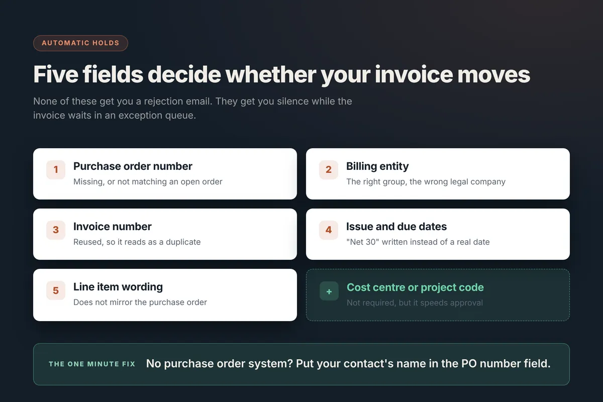 Five invoice fields that trigger an automatic hold: purchase order number, billing entity, invoice number, dates and line item wording