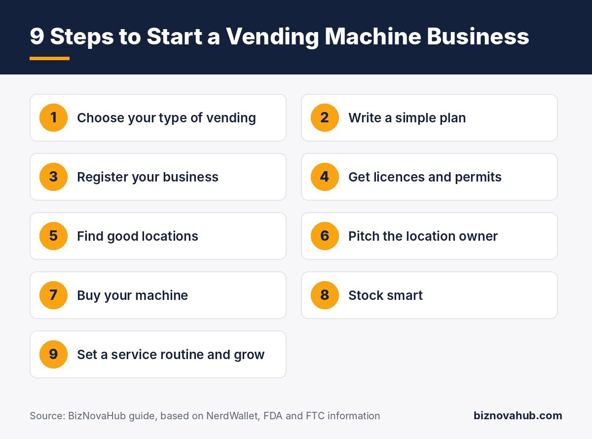Infographic showing the 9 steps to start a vending machine business