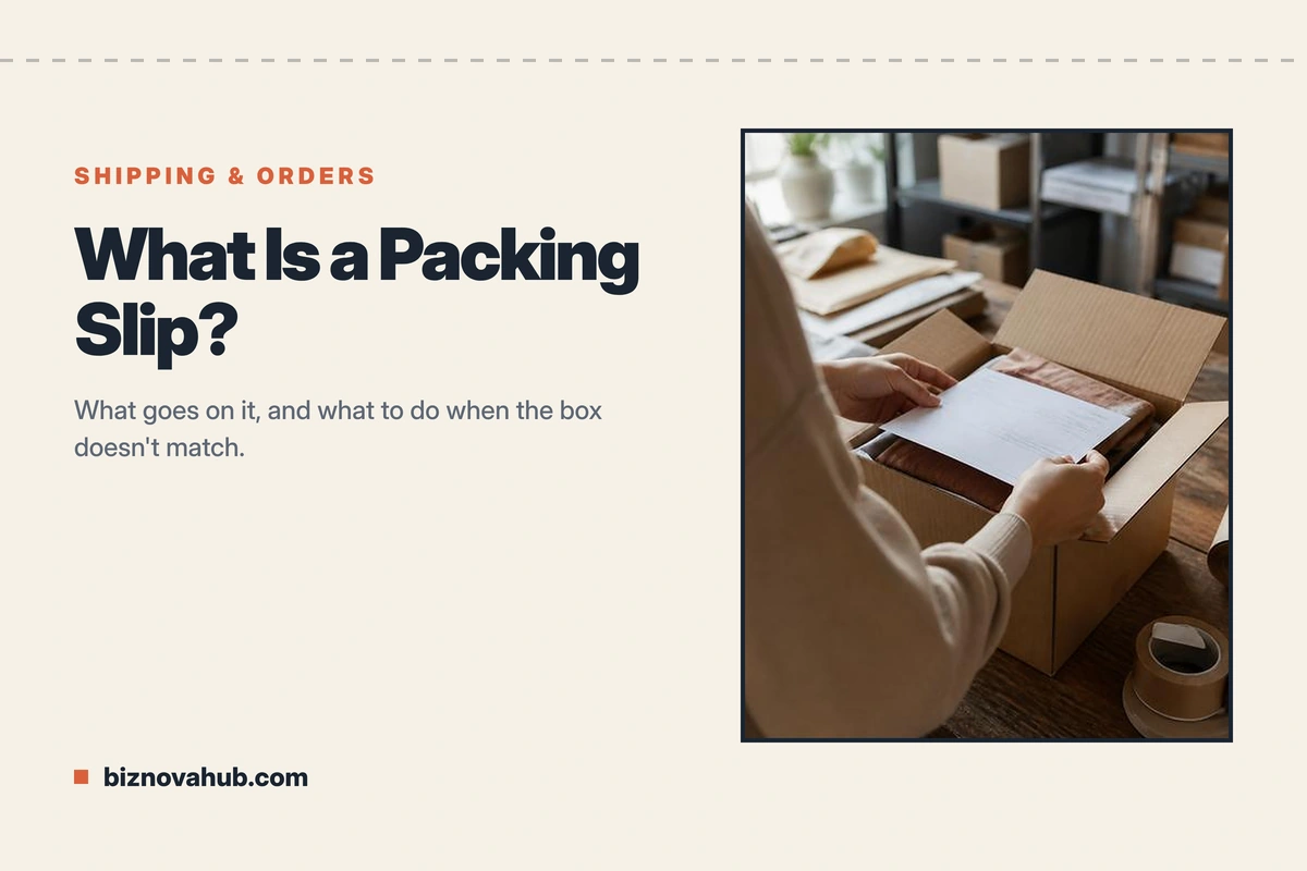 What is a packing slip: a printed slip placed on top of goods in an open cardboard shipping box