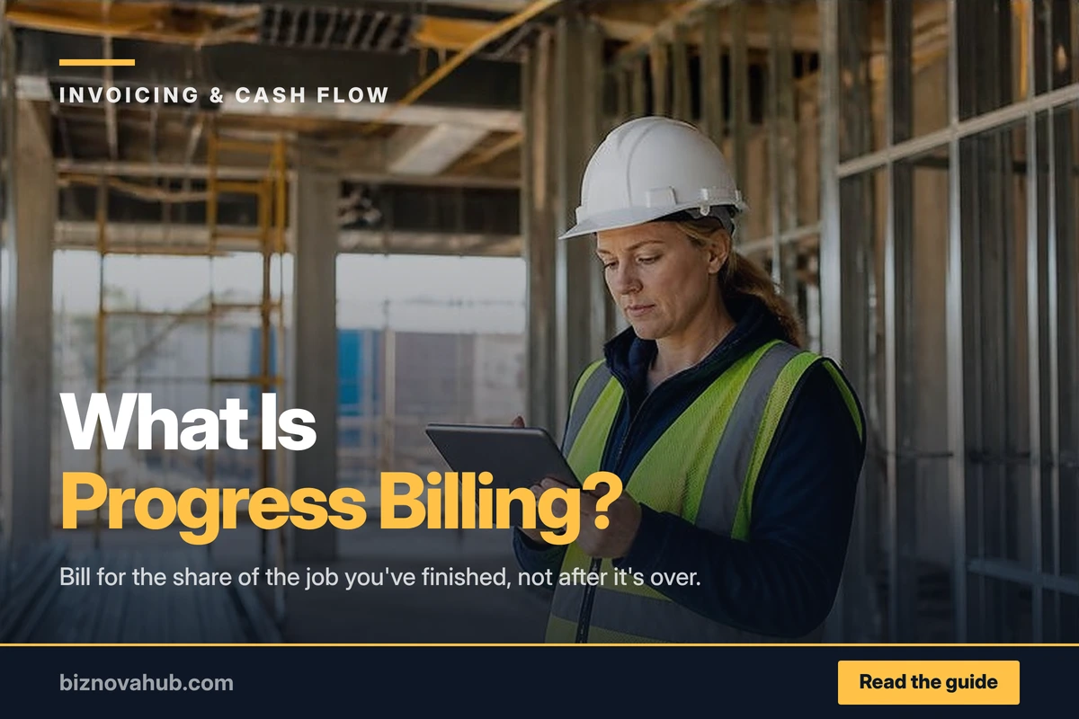 Construction site supervisor reviewing a progress billing invoice on a tablet